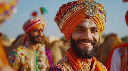 Fotobehang Portrait of young sikh male in traditional punjabi colorful dress and turban performing bhangra dance with smile in camel festival with focus © Muqeet 