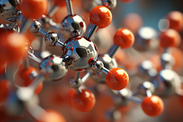 close up of red beads, 3d model of molecule,  background with spheres. AI Generated