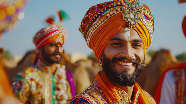 Portrait of young sikh male in traditional punjabi colorful dress and turban performing bhangra dance with smile in camel festival with focus