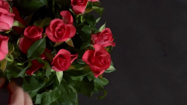 Top view of red roses in a vase, grey table wit copy space