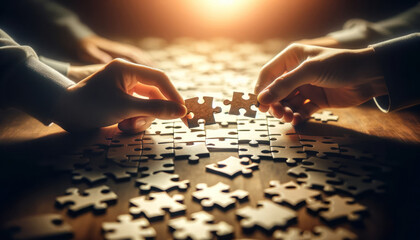 two hands about to connect two puzzle pieces, with a scattering of other puzzle pieces on a table.