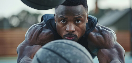 A fitness fanatic performs medicine ball smashes, his resolve seen in his face as he looks directly into the camera - obrazy, fototapety, plakaty