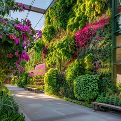 Fototapeta na wymiar Vertical Garden Square: Install vertical gardens along the perimeter of the square, covering walls and structures with cascading foliage and colorful blooms. Integrate seating areas. Generative AI