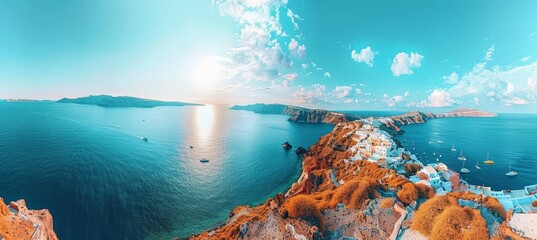 Santorini thira island daytime panorama with fira and oia towns overlooking cliffs and beaches - obrazy, fototapety, plakaty