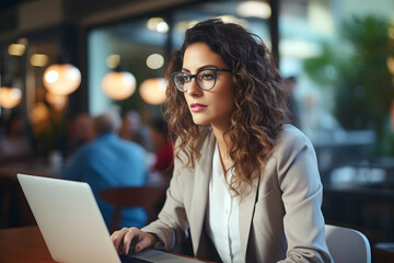 Fototapeta premium woman working at a laptop in the office. experience. business online. freelancing