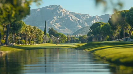 Muurstickers Golfer auf einem luxuriösen Golfplatz. Man sieht es von hinten und er hat gerade geschossen, Konzept Luxussport © GreenOptix