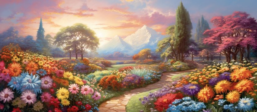 This breathtaking painting depicts a natural landscape with colorful flowers, lush trees, and a clear blue sky dotted with fluffy clouds
