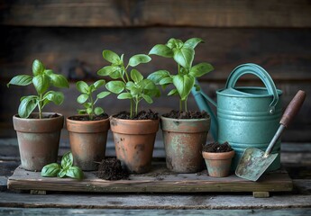 Fototapeta na wymiar Gartengeräte und Setzlinge auf einem alten Holztisch, Erde und Pflanzen, Gemüsegarten, Konzept Gartenarbeit im Frühling