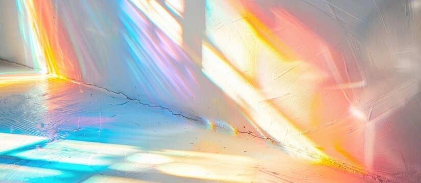 Blurry rainbow light refraction texture is applied as an overlay effect for photos and mockups, creating an organic diagonal holographic flare on a white wall,