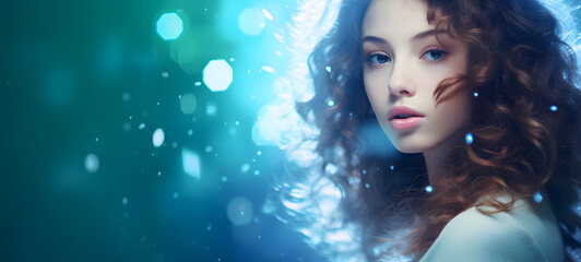 Bokeh beauty body girl on defocused emerald green background, ai generative