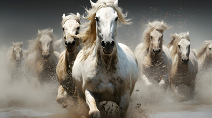 Thoroughbred muscular horses running on the water near the shore. mammal. biology and fauna