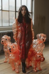 Model trägt Kleidung aus Ballons, die wie Hunde aussehen, Konzept Mode mit dem Hund Gassi gehen - obrazy, fototapety, plakaty