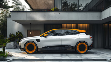 A futuristic electric SUV next to a house or a modern building