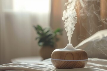 Serene Morning Atmosphere With Aromatherapy Diffuser Releasing Steam by Sunlit Window