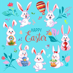 Happy Easter poster with Easter bunny, flowers and eggs with traditional floral pattern