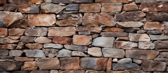 A detailed close up of a stone wall constructed from various types of rocks, showcasing the natural beauty and durability of this composite building material