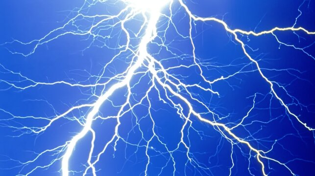  a close up of a lightning bolt on a dark blue sky with a bright sun in the middle of the image.