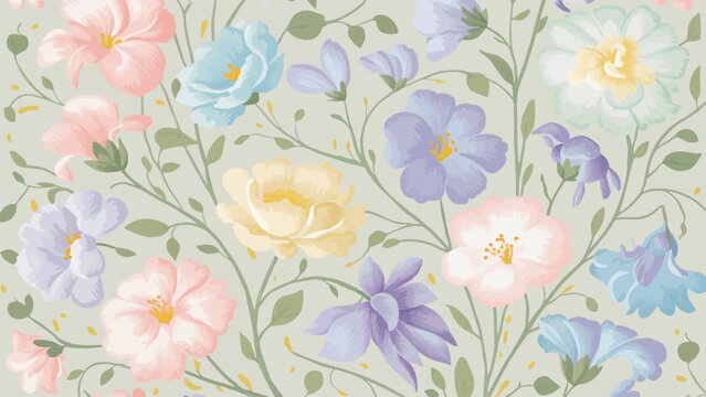 
A charming and delicate pastel-colored flower design pattern features a variety of blossoms in soft hues of pink, blue, purple, and yellow. The flowers are intricately intertwined with a touch of gre