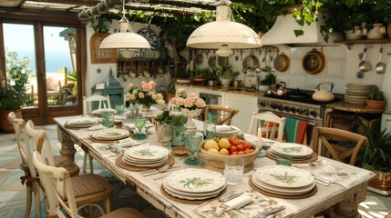  a table is set with plates, bowls, and bowls of fruit in a kitchen with a view of the ocean.