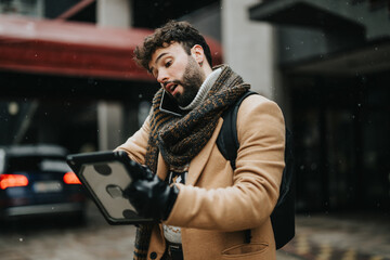 Focused young businessman using a digital tablet outdoors with snowflakes falling. Concept of mobile office and winter work environment.