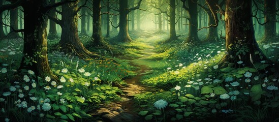 A pathway winds through a lush forest filled with towering trees, colorful flowers, and vibrant terrestrial plants, creating a stunning natural landscape of green grass and wooden trunks