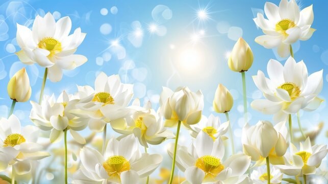  a field of white flowers with a bright blue sky in the background with the sun in the middle of the picture.