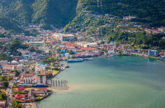 Aerial view of Jayapura city which looks beautiful on the edge of the bay. Jayapura is the capital of Papua Province, Indonesia.
