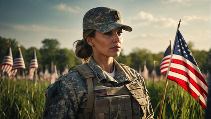 Female Soldier on Memorial Day Veterans Day  - obrazy, fototapety, plakaty