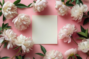 Naklejka na ściany i meble A pink background with white peonies and a blank paper, overhead shot on pink background.