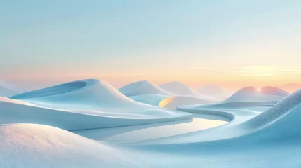 Fotobehang A pristine landscape of snow-covered dunes under a pastel sunrise, offering a sense of calm and stillness. Ideal for peaceful nature backgrounds © Riz