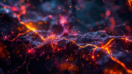Concept image showing synapses in a neural network with glowing red light fibers, symbolizing the transmission of nerve impulses.
