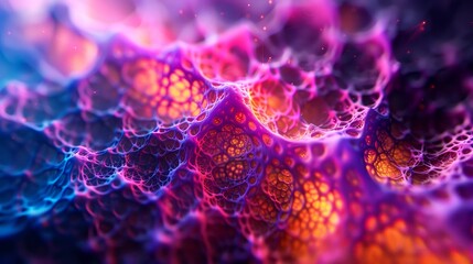 Abstract visualizations with striking colors depict microscopic organic patterns, resembling cellular tissue or coral. - obrazy, fototapety, plakaty