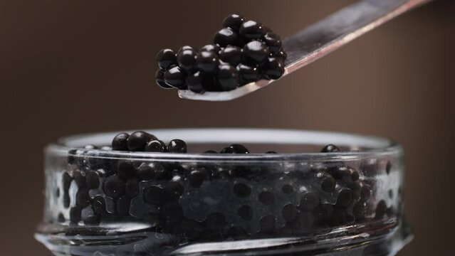 Black caviar in glass pot close-up. Beluga sturgeon salted roe in glass bowl. Raw seafood. Luxury delicacy food. Delicious and tasty fish products.Texture of expensive luxury caviar in