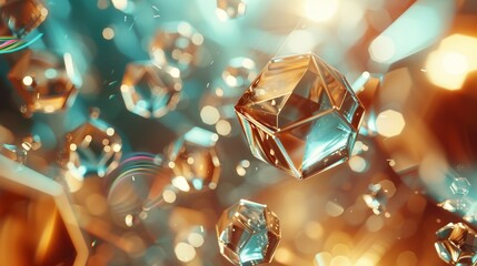 A digital image featuring sparkling transparent bubbles floating against a golden bokeh background, ideal for representing concepts such as magic, happiness and celebration. - obrazy, fototapety, plakaty