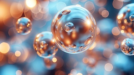 A digital image featuring sparkling transparent bubbles floating against a golden bokeh background, ideal for representing concepts such as magic, happiness and celebration. - obrazy, fototapety, plakaty