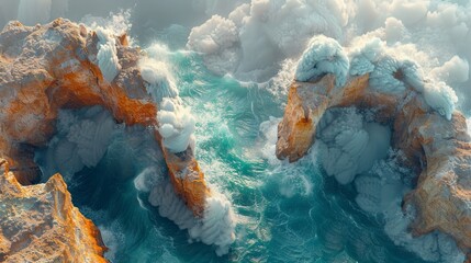 Stunning image of the mystical canion fissures with crashing sea waves and light radiating through the fissures.