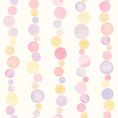 Abstract watercolor background. Hand drawn purple orange pink circles stains elements seamless pattern. Watercolour pastel warm colors texture. Print for textile, fabric, wallpaper, wrapping paper. - 767469925