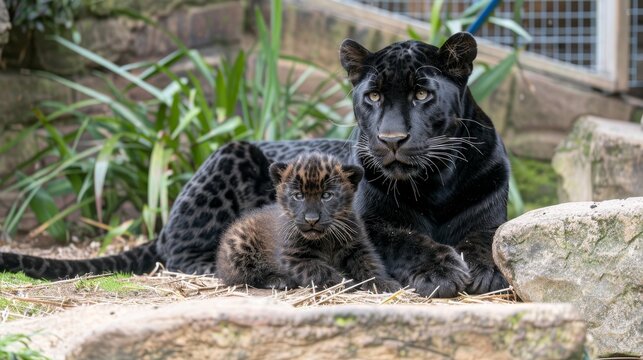 Male panther and cub portrait with empty space for text and object on the right side