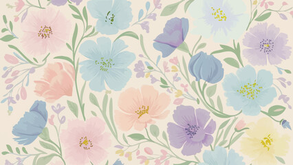 
A charming and delicate pastel-colored flower design pattern features a variety of blossoms in soft hues of pink, blue, purple, and yellow. The flowers are intricately intertwined with a touch of gre
