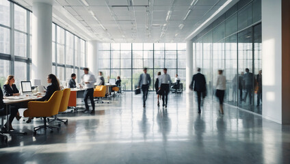Fototapeta na wymiar Bright workplace office with people walking blur 