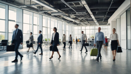 Bright workplace office with people walking blur 