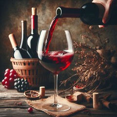 Against a rustic backdrop, red wine is elegantly poured into a glass, embodying the essence of...
