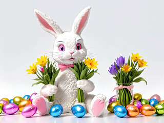 Easter bunny with a easter eggs and flowers