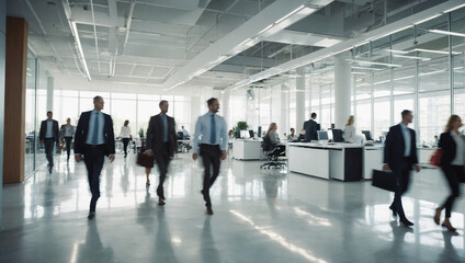Fototapeta na wymiar Bright workplace office with people walking blur 