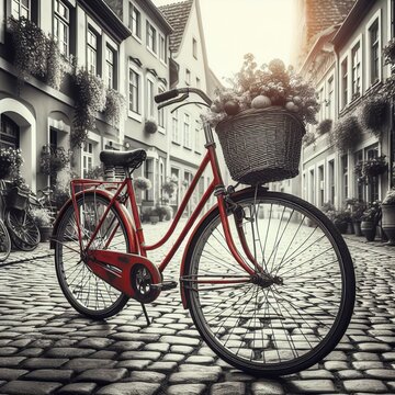A retro vintage red bike stands gracefully on a cobblestone street in the old town, captured in a timeless black and white image, evoking the charm