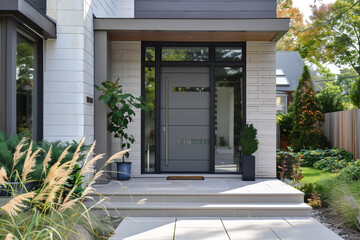 Modern Grey Color Front Door With Glass Inserts	