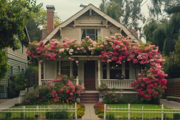 Fototapeta na wymiar A delightful craftsman-style house facade in creamy vanilla tones, framed by a blooming garden.