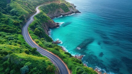 Top view of beautiful winding coastal road