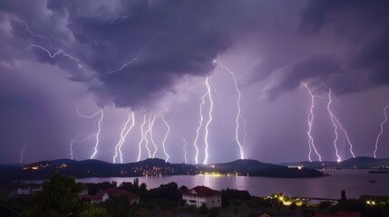 Naklejka na ściany i meble a bunch of lightning strikes in the sky over a town and a body of water with houses in the foreground.