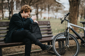 An entrepreneur enjoys a peaceful moment on a park bench beside a bicycle, indicating a balance between work and lifestyle.